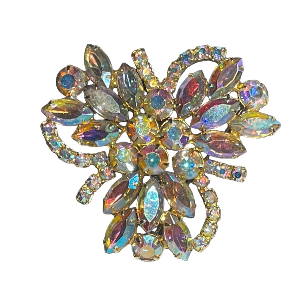 Vintage Brooch Clear AB Rhinestones Gold Tone Large Statement Very Colle…